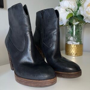 Lucky Brand black leather high heeled ankle boot “Queys”